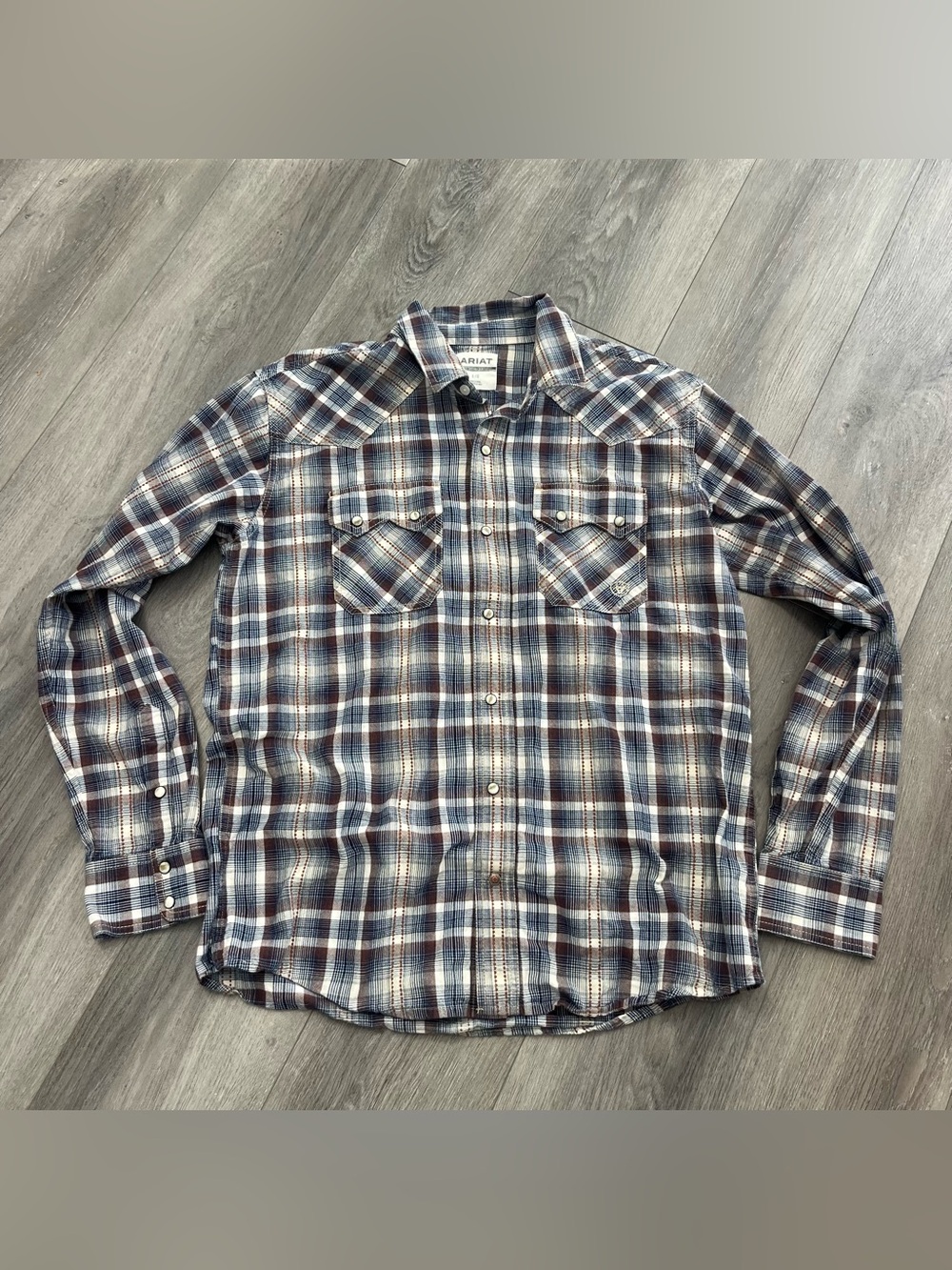 Ariat Men’s L Western Plaid Pearl Snap Shirt Brown Navy Long Sleeve